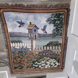 Vintage American Weavers Bird Garden Tapestry Throw Blanket Cottage Country